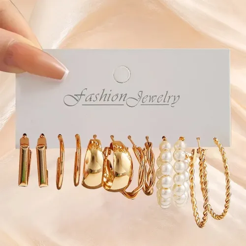 6 Pairs Fashionable Golden Hoop Earrings Set
